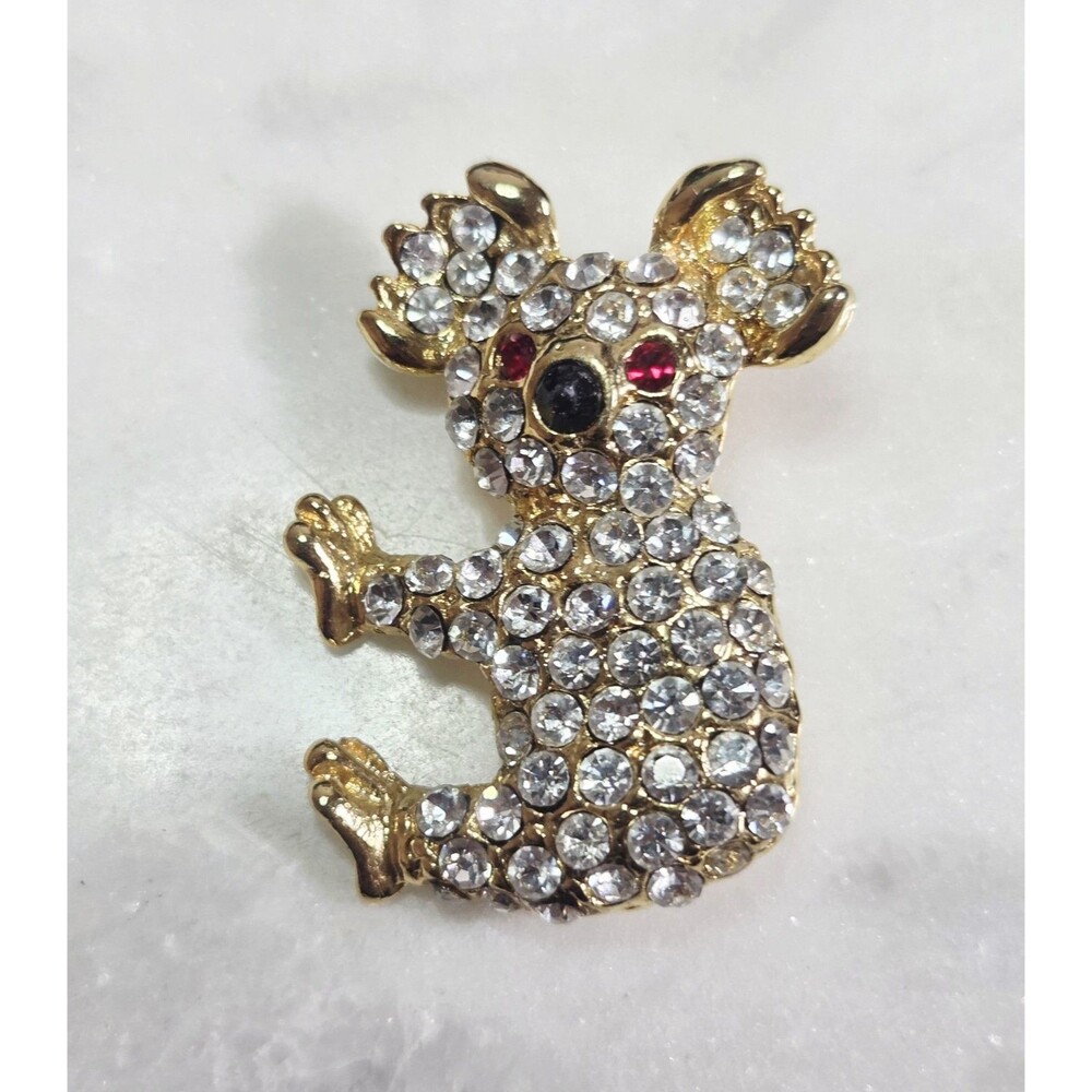 Vintage Rhinestone Koala Bear Clear Red Black Brooch Gold Tone